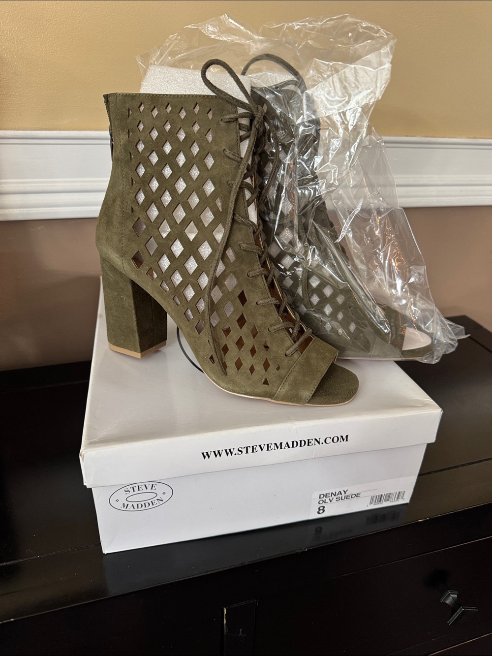 Steve Madden Olive Suede Lace-Up Cutout Block Heel Booties